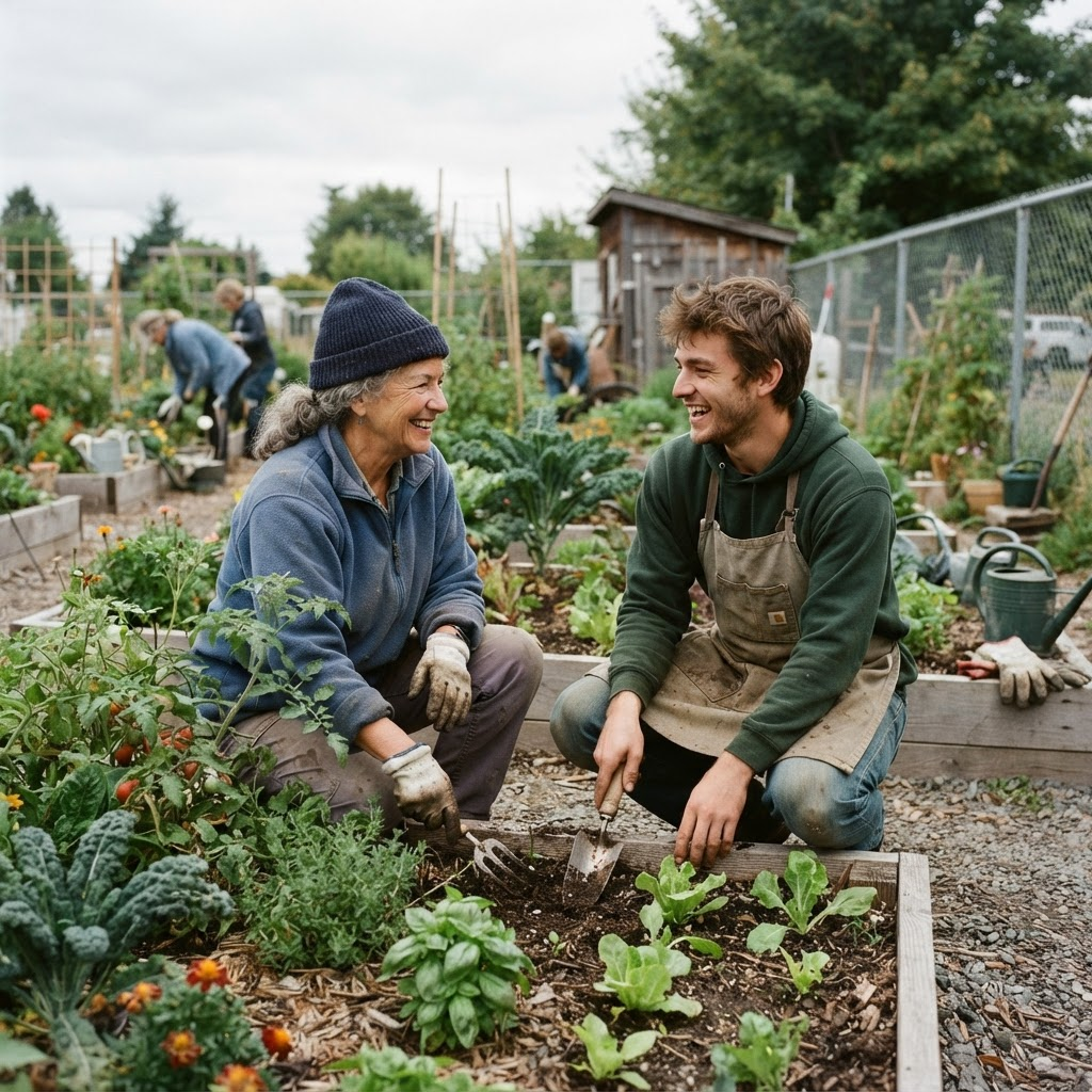 Two neighbors of different generations talking while tending a shared community garden