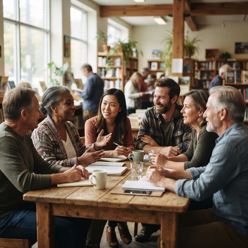 A small group of adults of different ages in conversation around a table in a bright community space