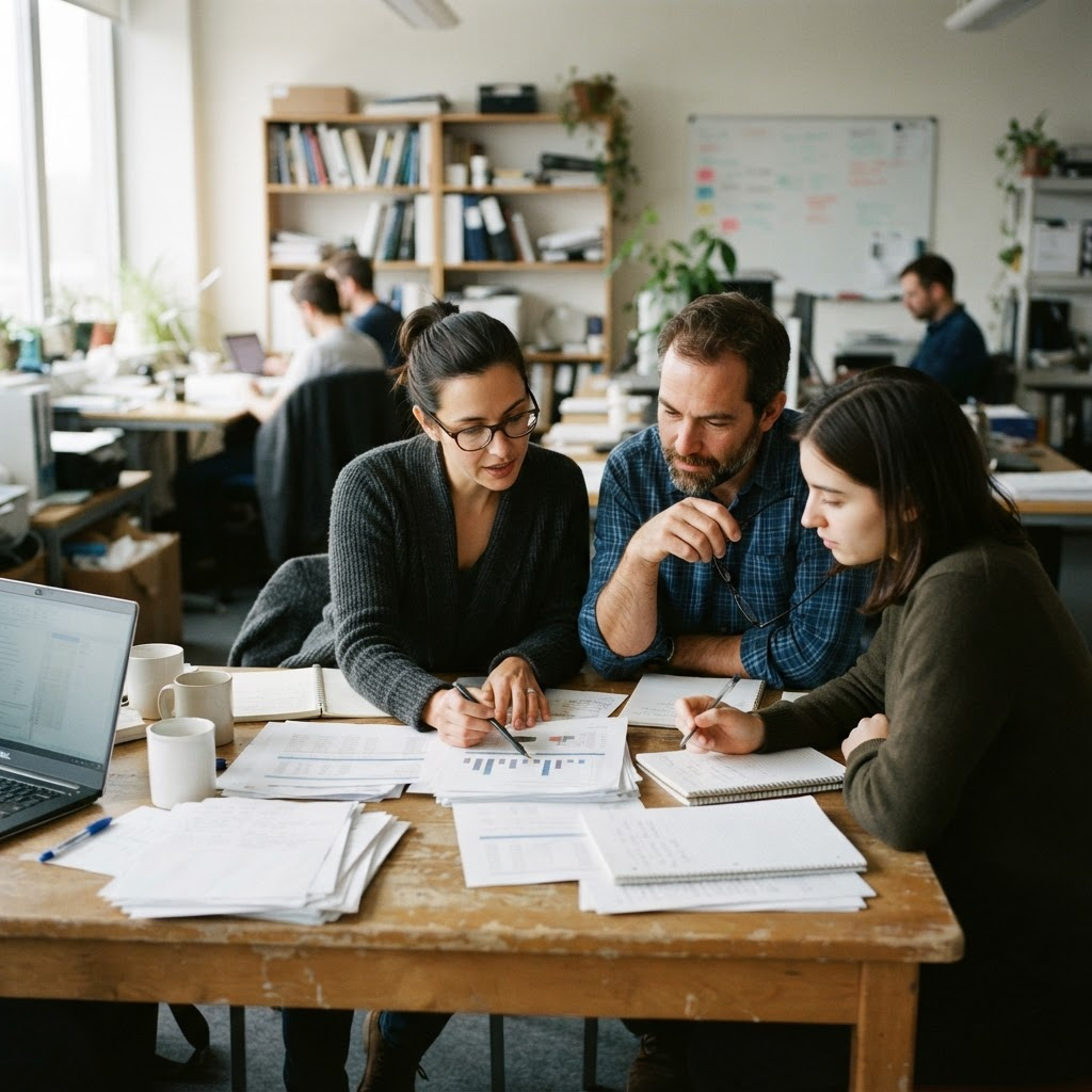 Researchers reviewing printed notes and data together at a table