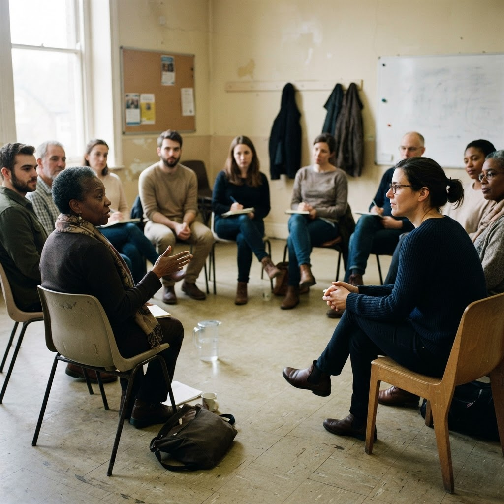 A facilitator listening to participants seated in a community group meeting
