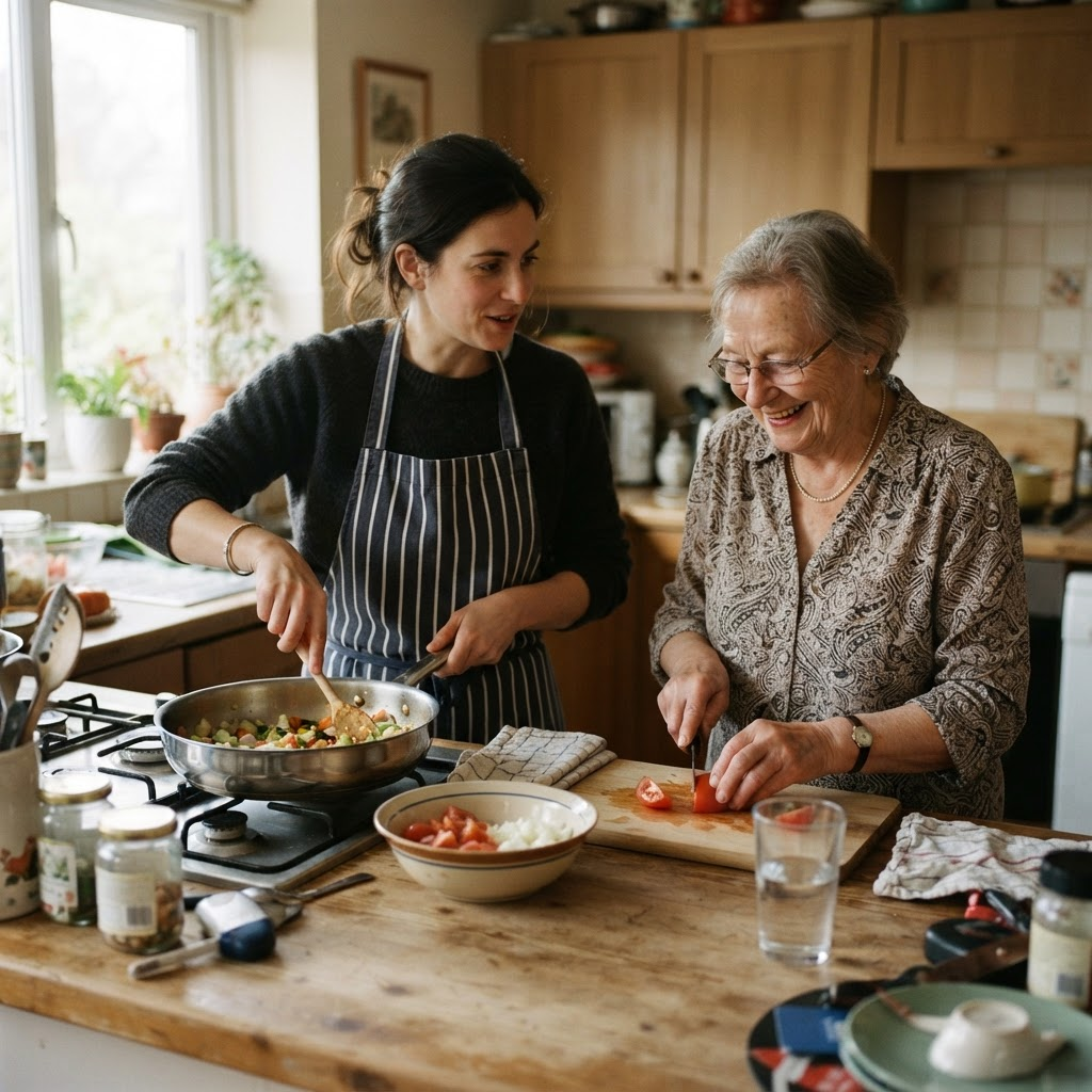 An adult and an older family member preparing food together in a home kitchen